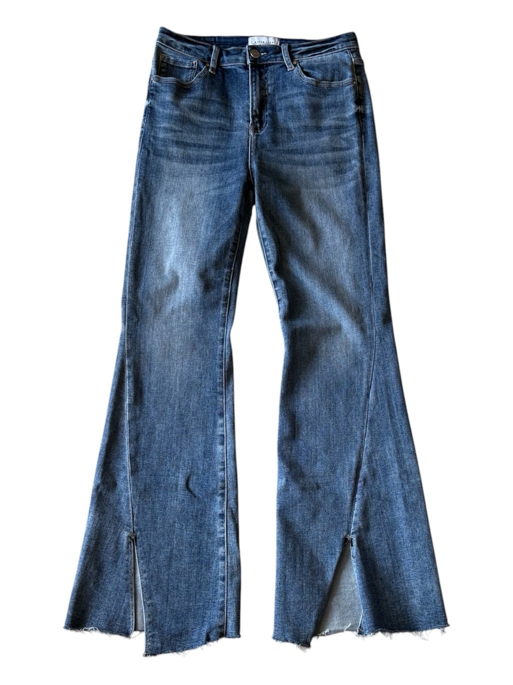 Risen Jeans High Rise Vintage Inspired Bell Bottom Distressed Split Hem Size 29